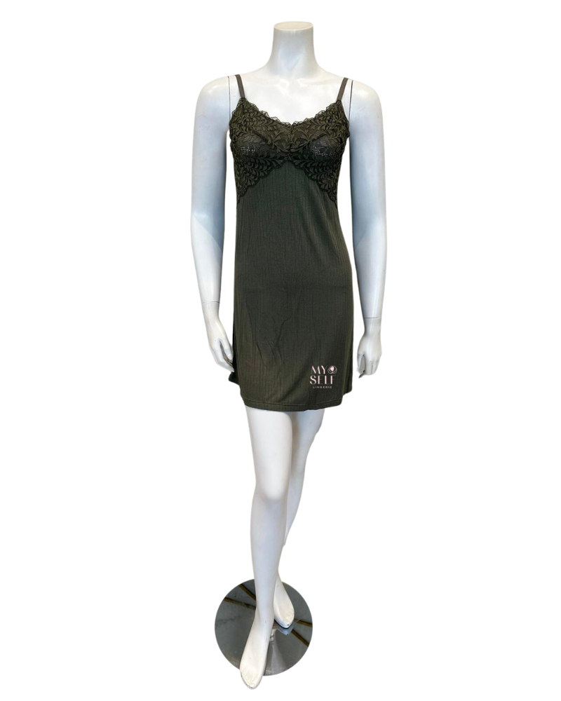 Fleurt 6037 Dusty Olive Whisper Pointelle Modal Chemise myselflingerie.com