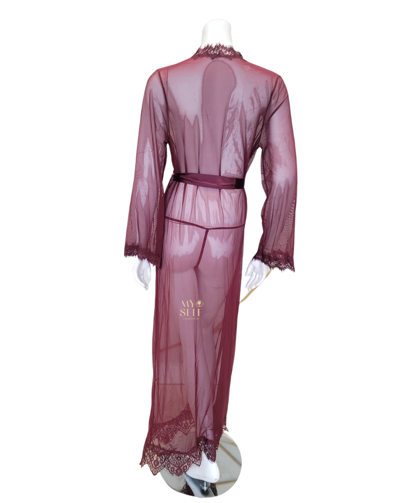Oh La La Cheri 95-11136 Zinfandel Eyelash Sheer Lace Robe with Satin Sash  myselfingerie.com