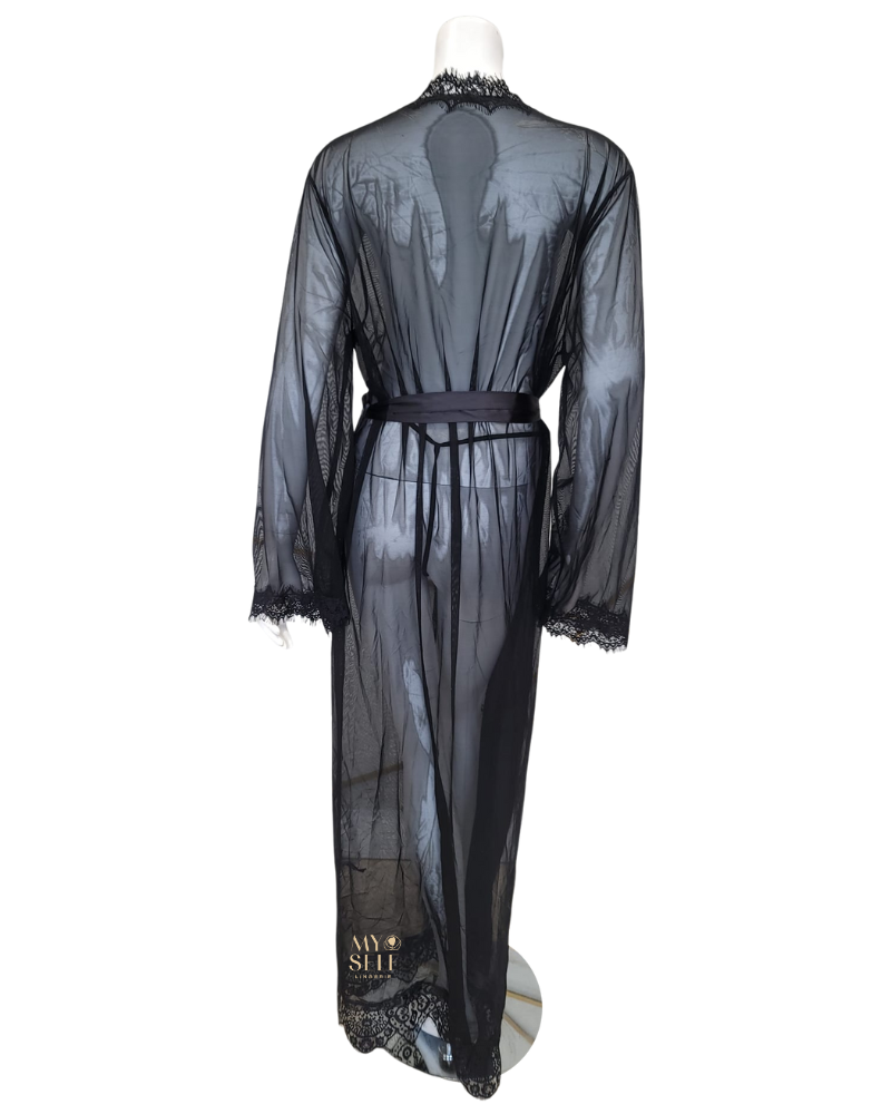 Oh La La Cheri 95-11136X Black Eyelash Sheer Lace Robe with Satin Sash myselflingerie.com