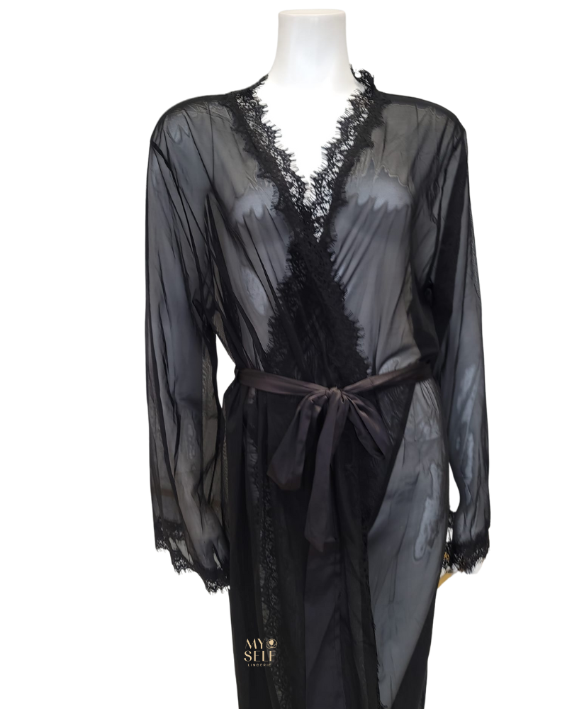 Oh La La Cheri 95-11136X Black Eyelash Sheer Lace Robe with Satin Sash myselflingerie.com
