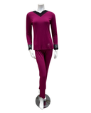 M4141 Cranberry Swirl Design Lace V Neck Modal Pajamas Set