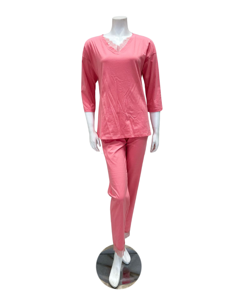 Iora Lingerie 25213M Coral V Lace Trim 100% Organic Cotton Pajamas Set Myselflingerie.com