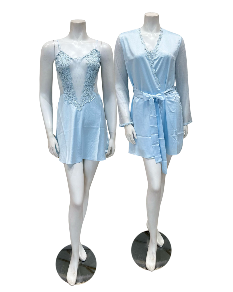 Flora Nikrooz 8060+8061 Ice Blue Showstopper Chemise & Robe Set Myselflingerie.com