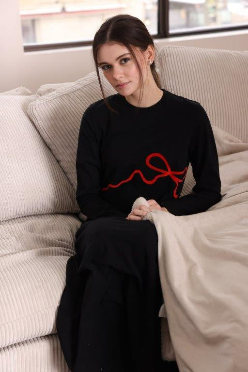 Angelice C-7355 Black Scribbled Bow Cotton Pull On Teen Nightgown Myselflingerie.com