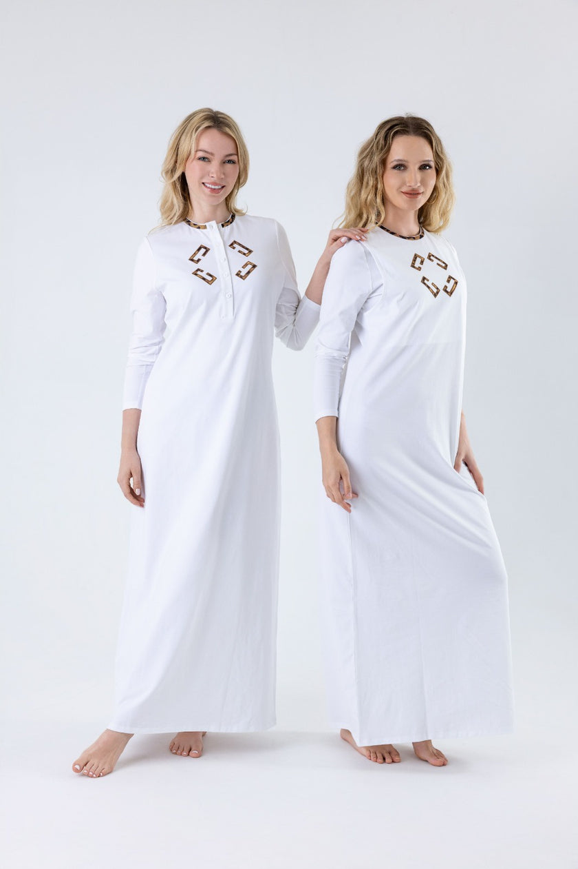 Lunderbeck N5124-25 White Leopard Lace Cotton Coverall Nursing Nightgown Myselflingerie.com