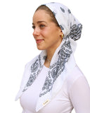 Scarf Bar Paisley White Classic Pre-Tied with Velvet Grip and Short Tails Myselflingerie.com