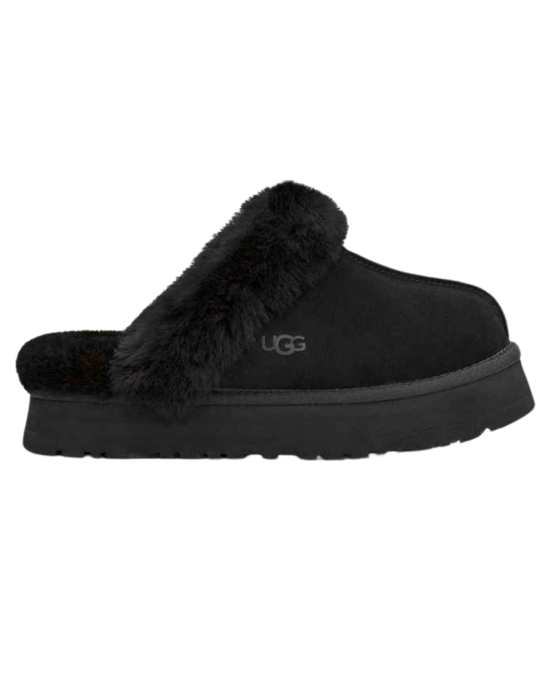 UGG 1122550 Black Disquette Slippers with Fur Trim Myselflingerie.com