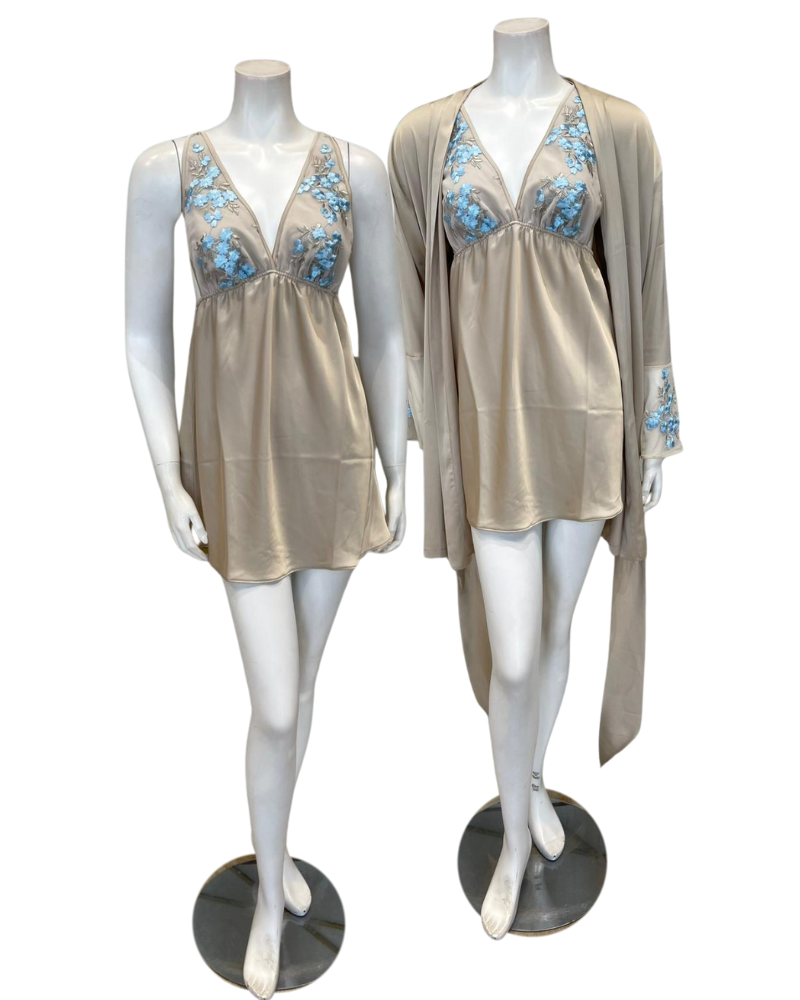 Isayes Lingerie 600231 + 180148 Light Blue Embroidery Champagne Chemise & Wrap Set Myselflingerie.com