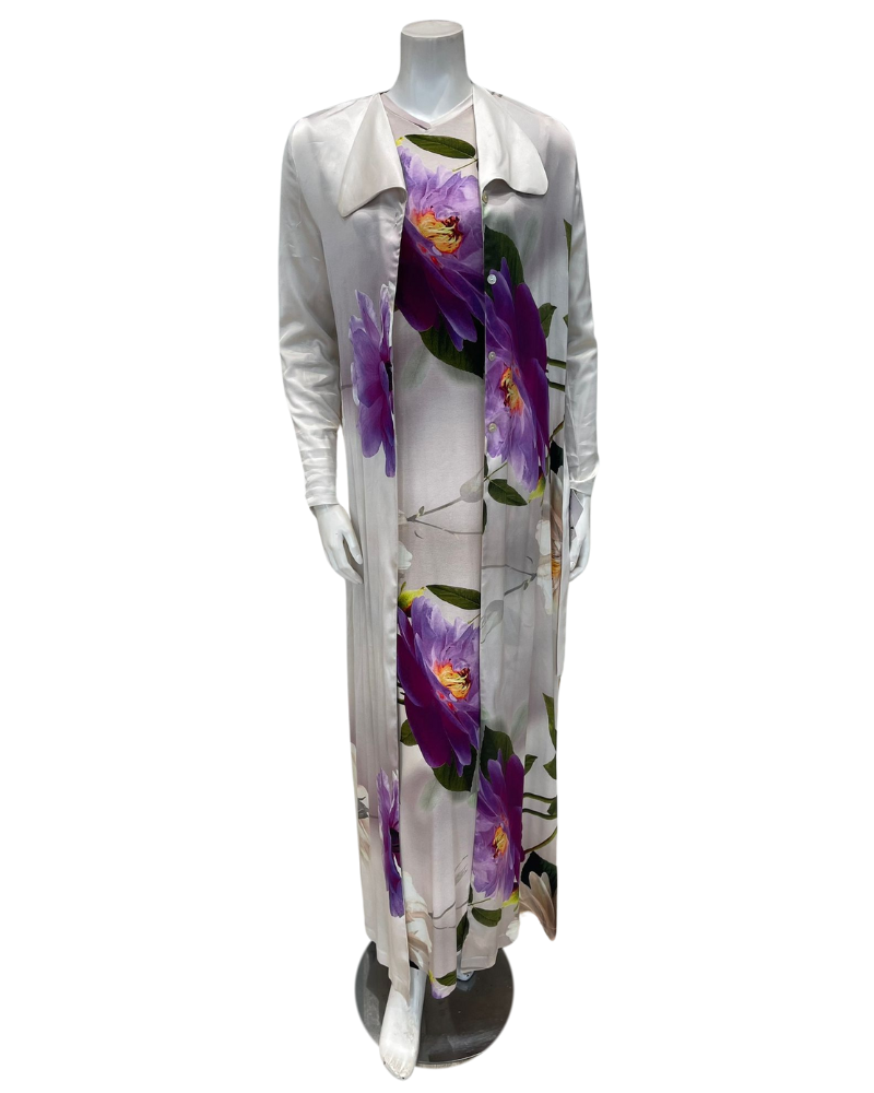 Angelice S7478 Purple Floral Cream Satin Button Down Morning Robe Myselflingerie.com
