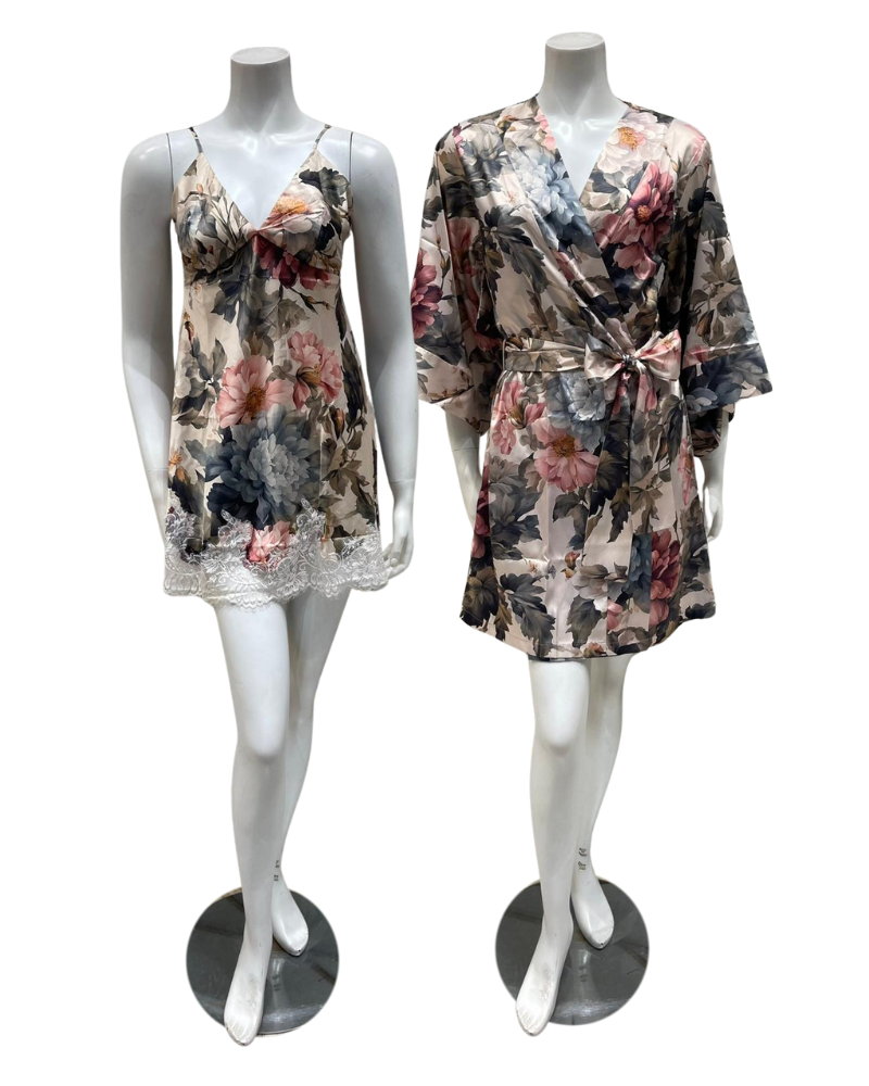 Mari M. 36370 + 36376 Printed Bloom Poly Silk Chemise & Wrap Set Myselflingerie.com
