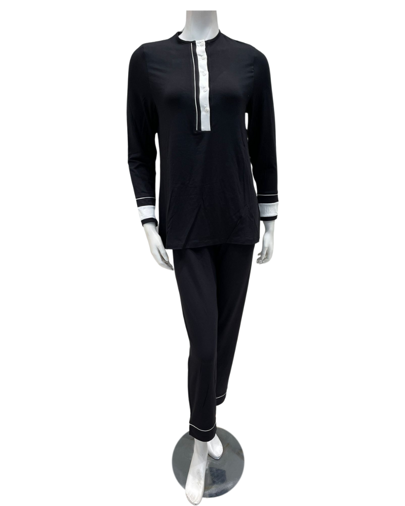 Velvet ANP857BLK Black with White Button Down Double Piping Modal Pajamas Set Myselflingerie.com