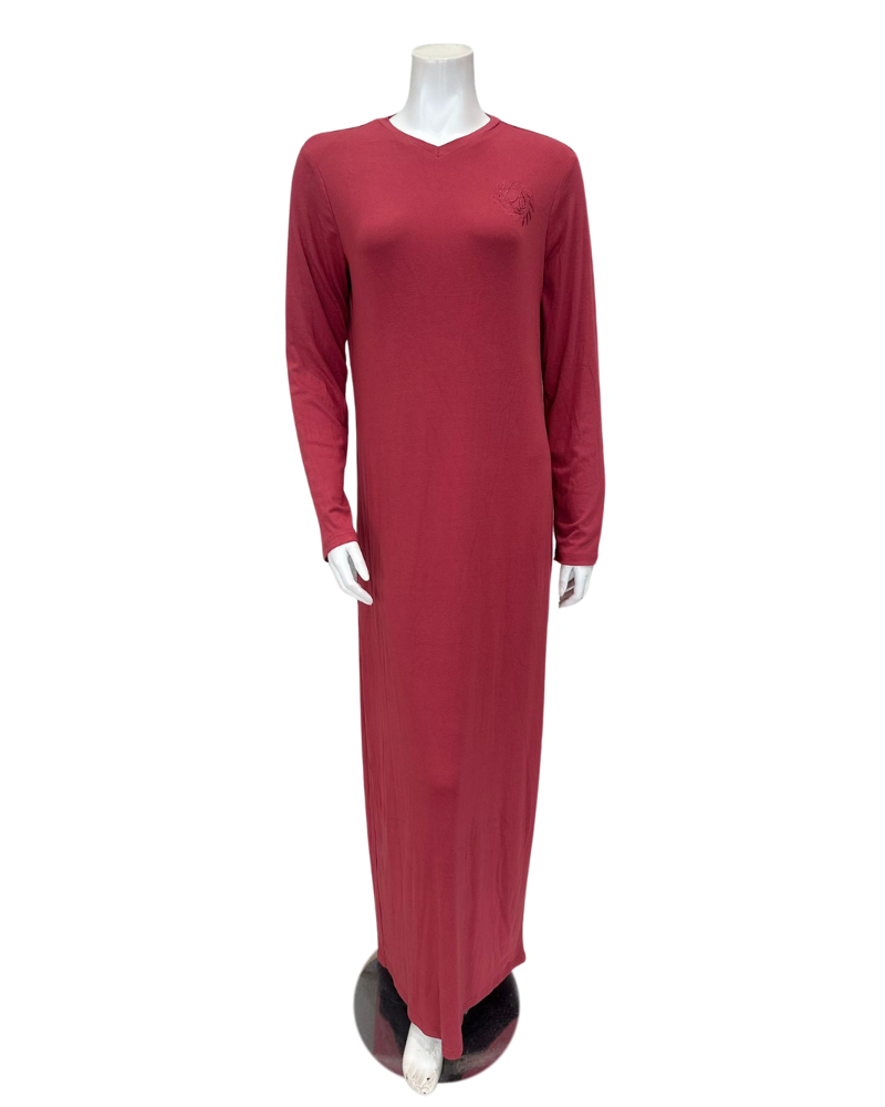 Angelice S-7259 Rosewood  Modest V Neck Ribbed Modal Nightgown Myselflingerie.com