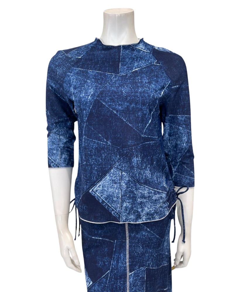 Seashells S7549 Denim Patchwork 3/4 Sleeve Swim Top with Side Ruching Myselflingerie.com