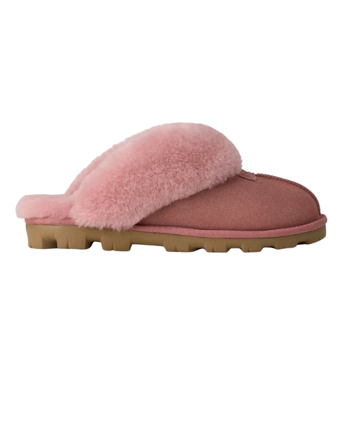 UGG Pink Dawn Coquette Clog Suede Slippers with Fur Trim Myselflingerie.com