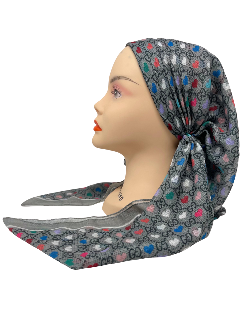 It's Younique OB-GU-GRY Gucci Inspired Grey Multicolor Hearts Pre-Tied Open Back Bandanna with Velvet Grip Myselflingerie.com
