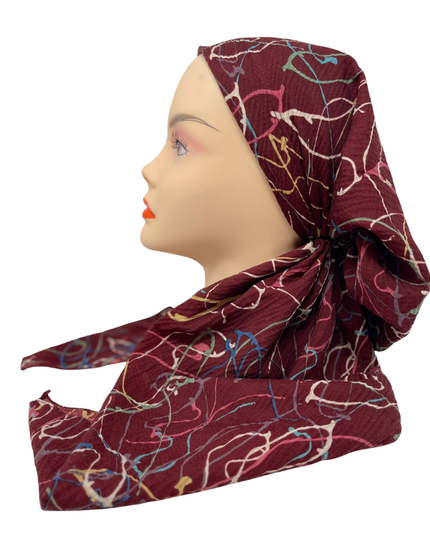 It's Younique PP-SCR-MA Maroon Scribble Print Crinkle Pre-Tied Bandanna with Velvet Grip Myselflingerie.com