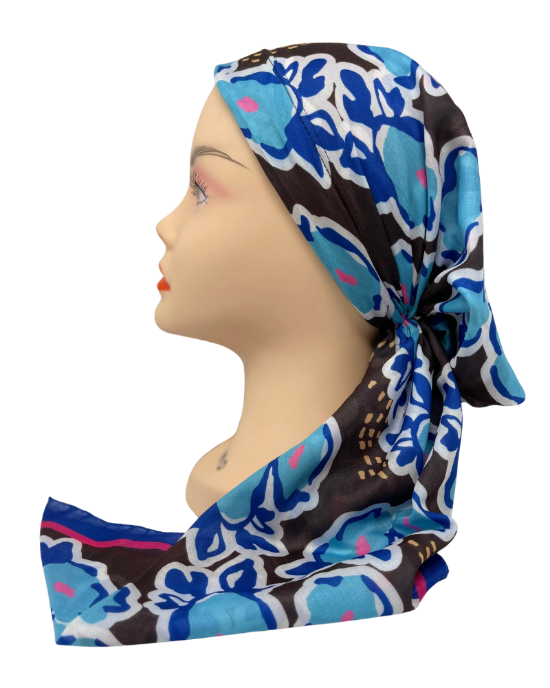 It's Younique PP-FL-BLBR Blue and Brown Floral Art Print Pre-Tied Bandanna with Velvet Grip Myselflingerie.com