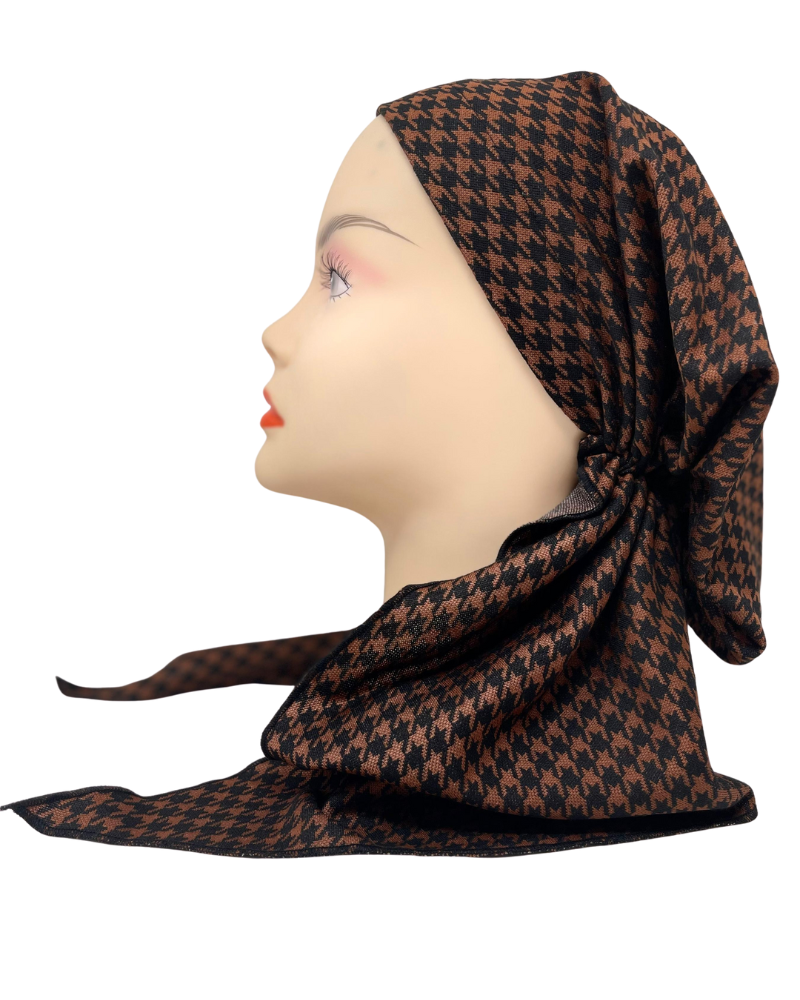 Triple Up BUL1048 Caramel & Black Houndstooth Print Unlined Pre-Tied Bandanna Myselflingerie.com
