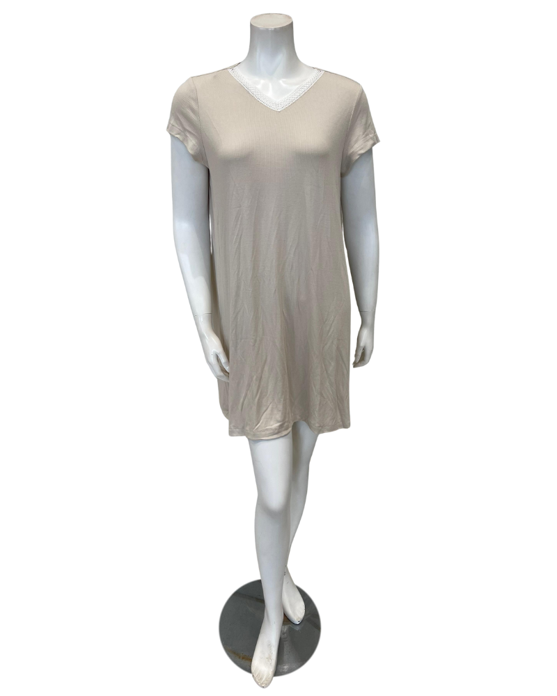 Jackie O'Loungewear NS-S/S-ECR Ecru Ribbed V Neck Short Sleeves Modal Nightshirt Myselflingerie.com