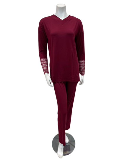 Oh! Zuza M4509 Red Wine V Neck Laced Trim Sleeve Pajamas Set Myselflingerie.com