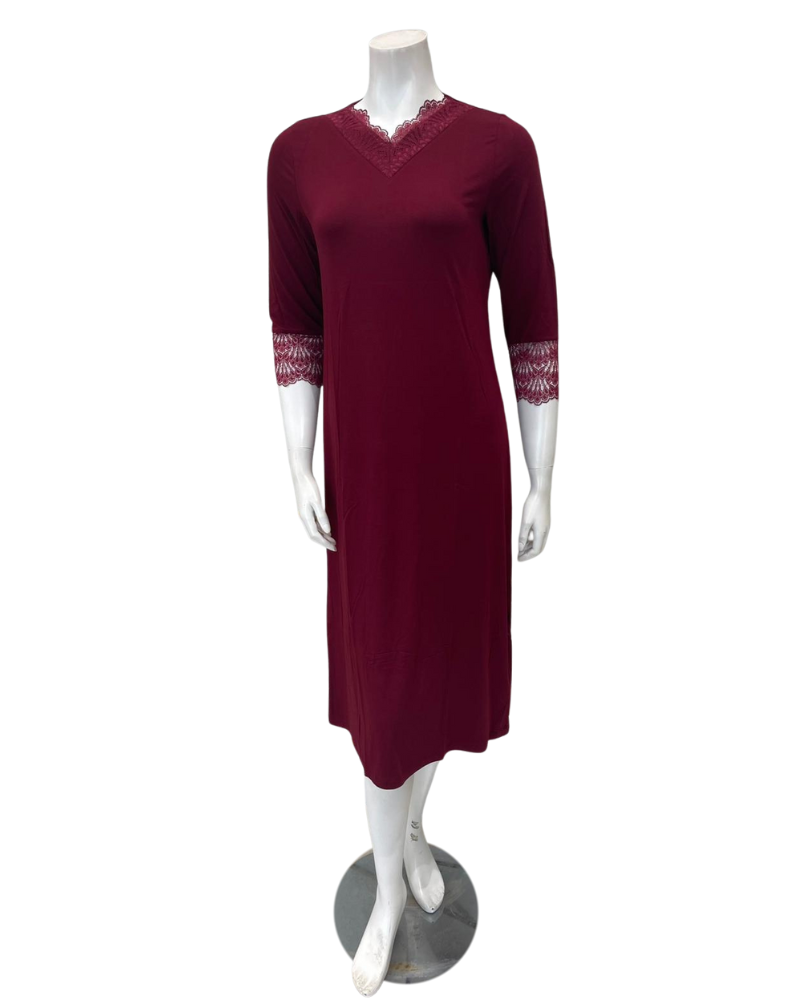 Oh! Zuza M4508 Red Wine Modest V Lace Modal Nightshirt Myselflingerie.com