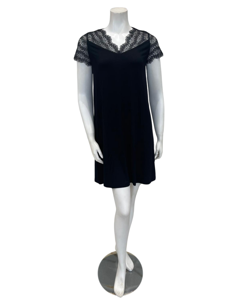 Oh! Zuza 4515 Black Sheer Lace Neck Modal Nightshirt Myselflingerie.com