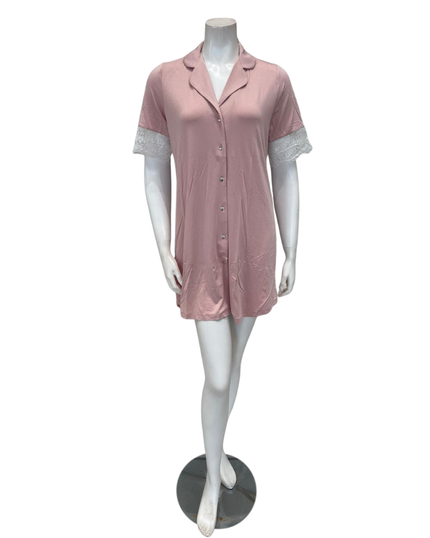 Oh! Zuza 4507 Dusty Pink Collar with Lace V Neck Modal Nightshirt Myselflingerie.com