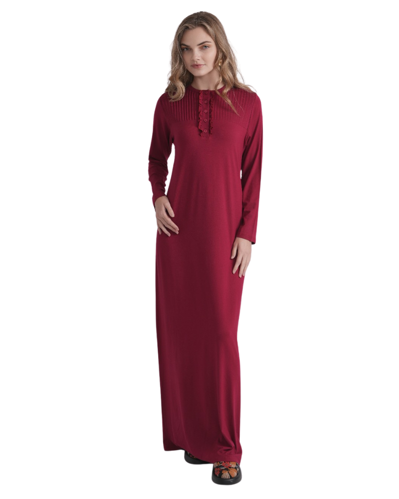 Ellwi 1325 Ruffle Design Red Button Down Cotton Nightgown Myselflingerie.com