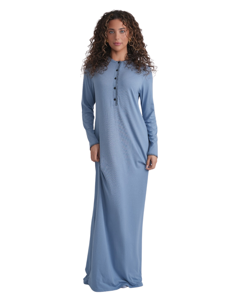 Ellwi 1321 Blanket Stitch Sky Blue Button Down Cotton Nightgown Myselflingerie.com