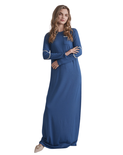 Ellwi 1320 Ecru Stitch Royal Blue Cotton Nursing Nightgown Myselflingerie.com