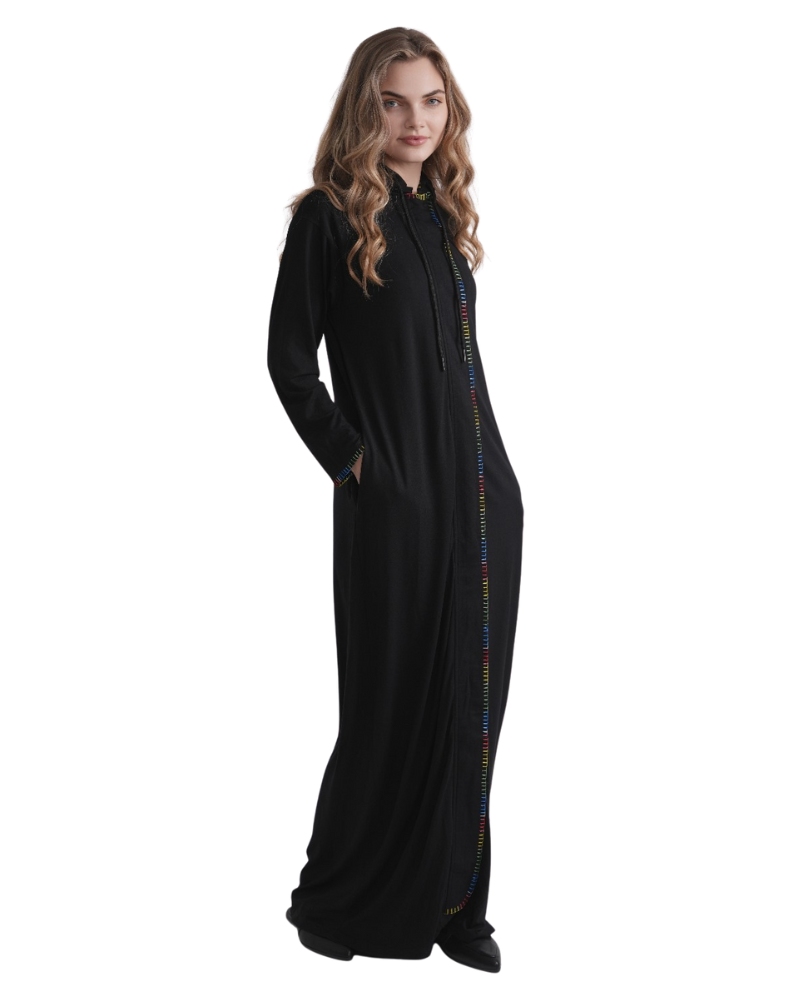 Ellwi 1319 Blanket Stitch Black Hood Zippered Morning Robe Myselflingerie.com