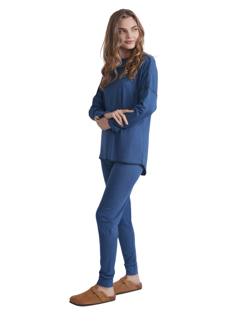 Ellwi 1318-PJ Blanket Stitch Royal Blue Cotton Pajamas Set Myselflingerie.com