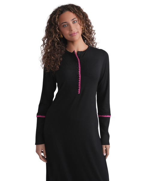 Ellwi 1307 Embroidered Stitch Black Button Down Cotton Nightgown Myselflingerie.com