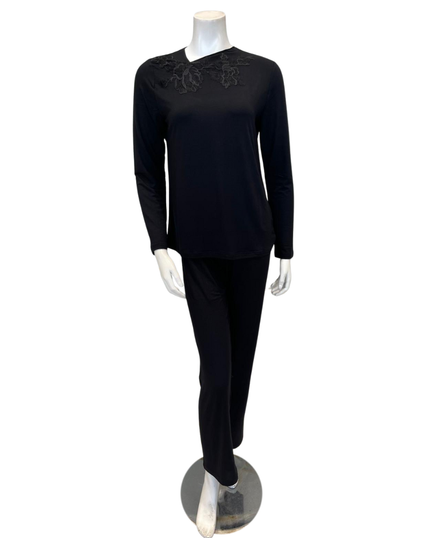 Verdiani 4438 Black Slanted V Lace Applique Modal Pajamas Set Myselflingerie.com