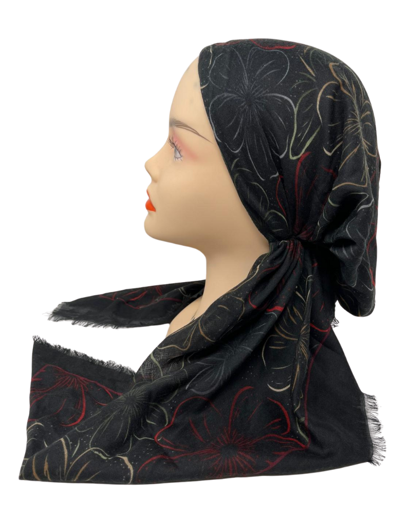 Revaz HS665A Black Large Flowers Adjustable Pre-Tied Bandanna with Velvet Grip Myselflingerie.com