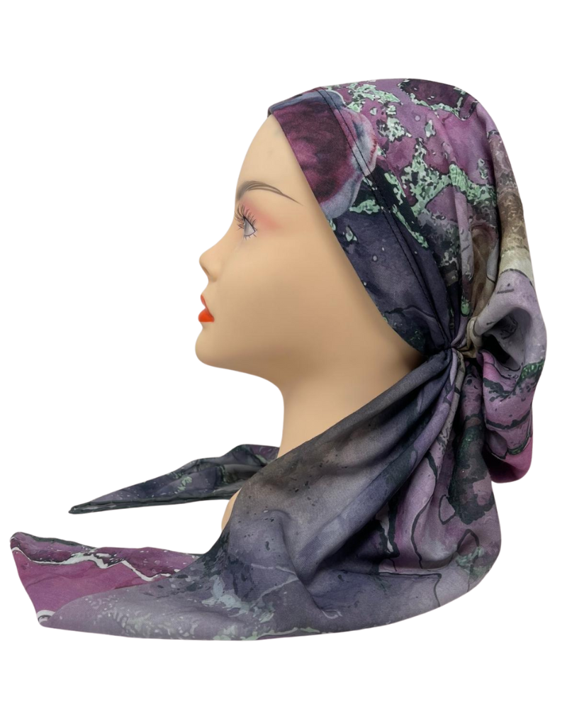 It's Younique Purple Watercolor Green Trim Pre-Tied Bandanna with Velvet Grip