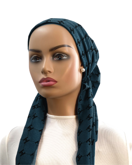 Ahead IT2741 Teal Flocked Denim Israeli Style Long Tails Pre-Tied Bandanna Myselflingerie.com