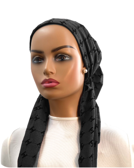 Ahead IT2741 Black Flocked Denim Israeli Style Long Tails Pre-Tied Bandanna Myselflingerie.com