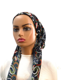 IT2673 Black Multi Combo Swirled Israeli Style Long Tails Pre-Tied Bandanna