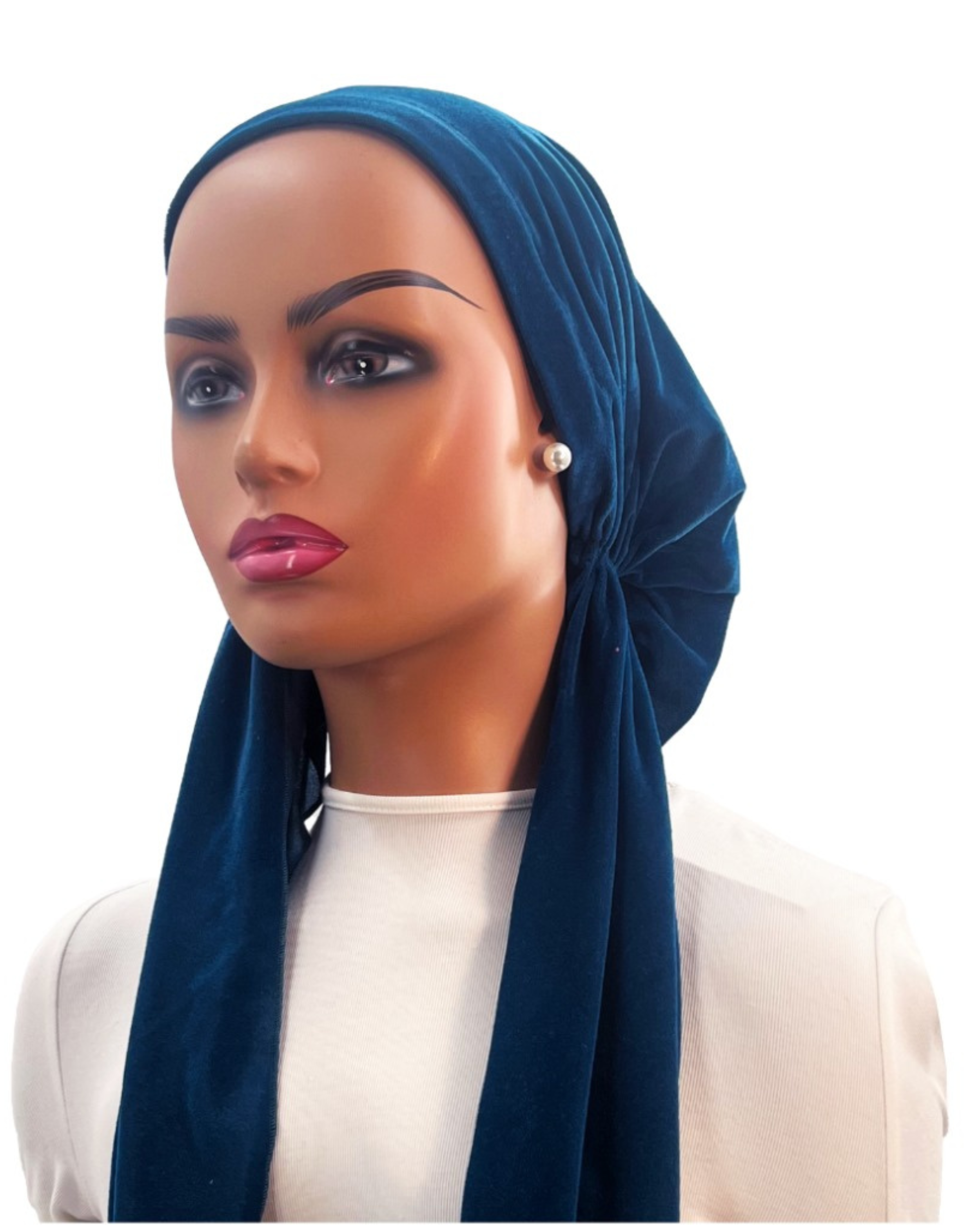 Ahead IT2687 Ocean Blue Velveteen Israeli Style Long Tails Pre-Tied Bandanna Myselflingerie.com