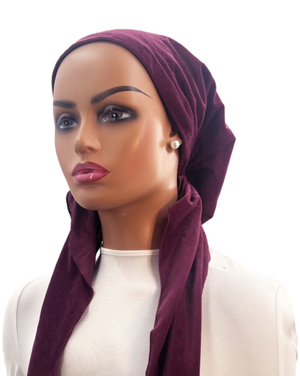 Ahead IT2687 Cranberry Velveteen Israeli Style Long Tails Pre-Tied Bandanna Myselflingerie.com