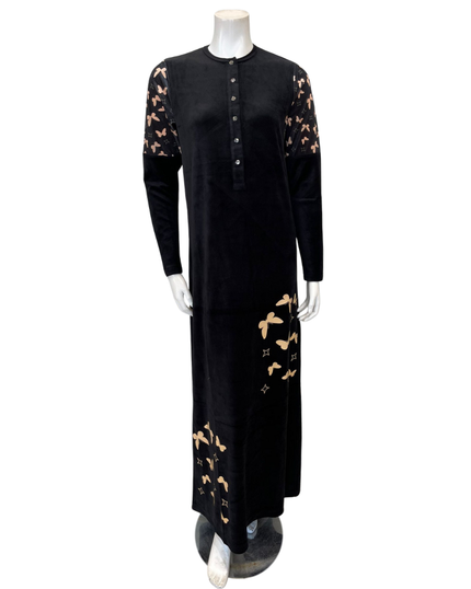 Nico Italy AP853VBK Black Butterfly Print Velour Snap Front Nightgown Myselflingerie.com