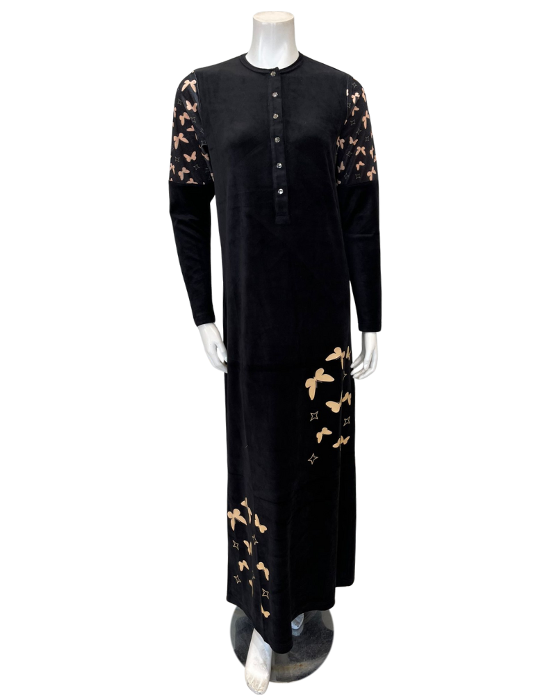 Nico Italy AP853VBK Black Butterfly Print Velour Snap Front Nightgown Myselflingerie.com