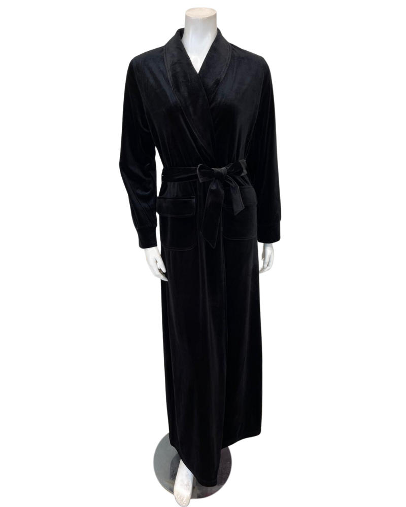 Runelli AP922VBK Black Velour Morning Wrap Robe with Flap Pockets Myselflingerie.com