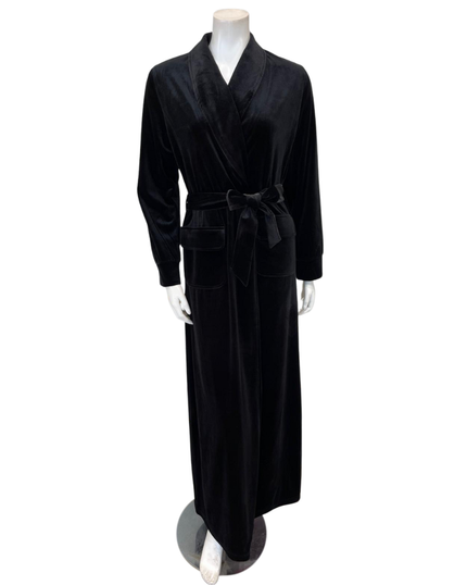 Runelli AP922VBK Black Velour Morning Wrap Robe with Flap Pockets Myselflingerie.com