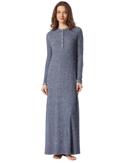 Pen-ky 11951 Blue Marled Ribbed Knit Button Down Nightgown Myselflingerie.com