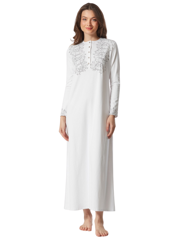 Pen-ky 12950 White with Black Lace Detail Button Down Cotton Nightgown Myselflingerie.com