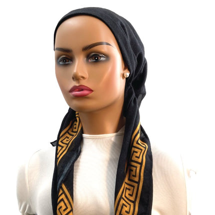 Ahead VT2719 Black Mustard Art Deco Versatile Style Long Tails Open Back Pre-Tied Bandanna Myselflingerie.com