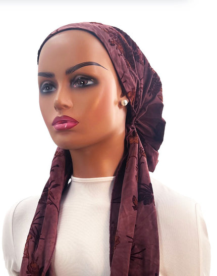 Ahead IT2656 Burgundy Vintage Botanical Israeli Style Long Tails Pre-Tied Bandanna Myselflingerie.com