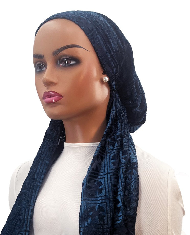 Ahead VT2689 French Blue Clover Velour Versatile Style Long Tails Open Back Pre-Tied Bandanna Myselflingerie.com